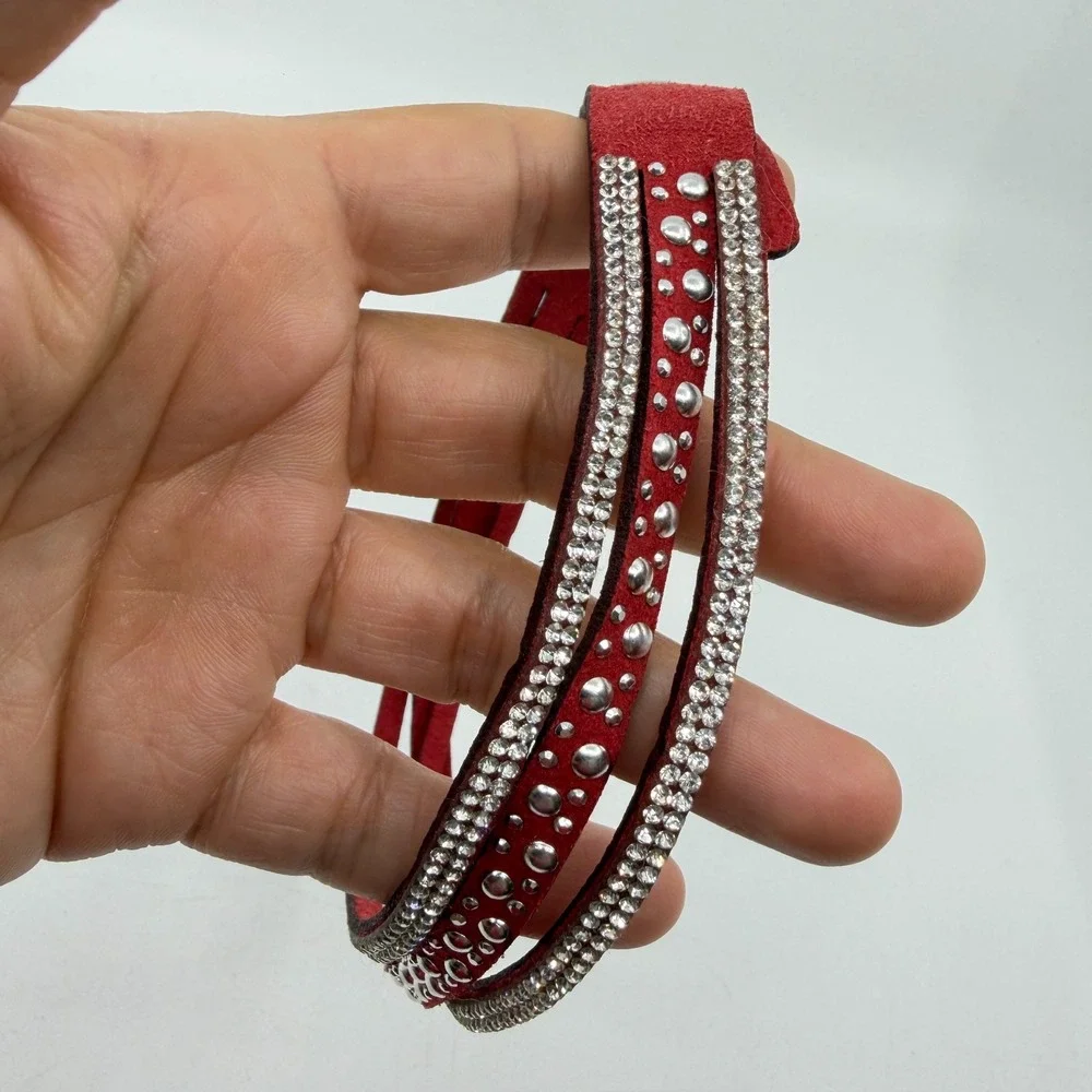Red Faux Suede Wrap Choker Necklace Rhinestone Studded Western Statement